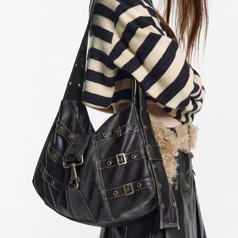 Vintage crossbody bag flower less same punk biker bag large capacity distressed genuine leather cowhide wide strap tote bag