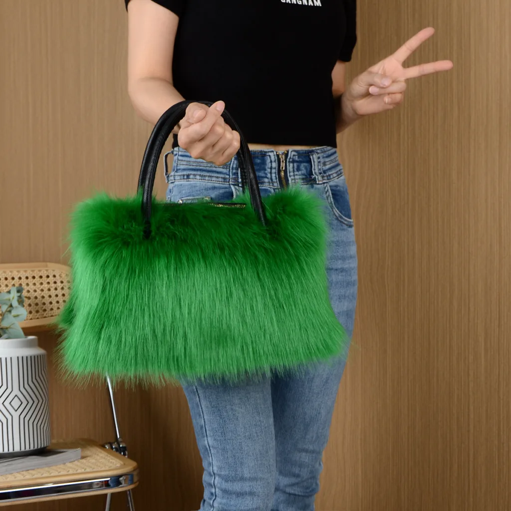 New European and American bags, women's high-end square plush bags, imitation fur, raccoon dogs, wool handbags, large capacity - Image 3