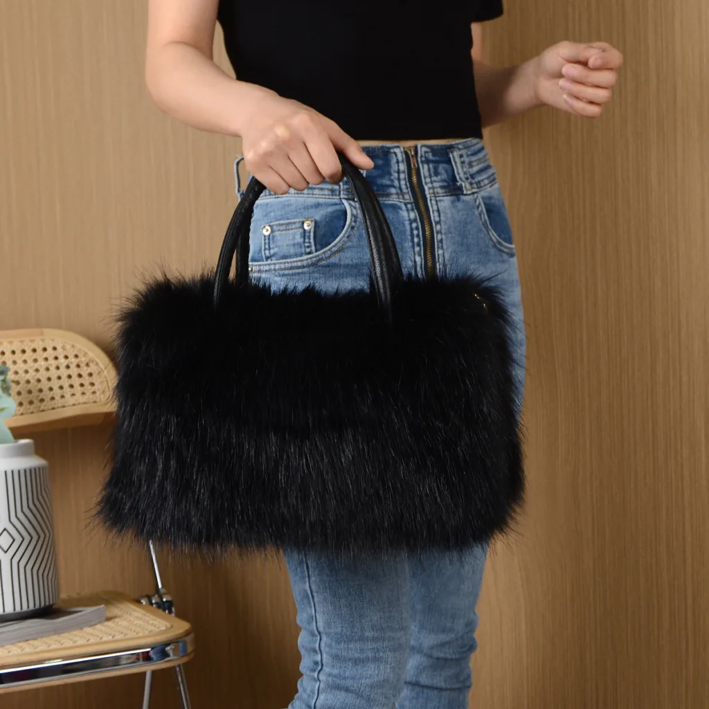 New European and American bags, women's high-end square plush bags, imitation fur, raccoon dogs, wool handbags, large capacity - Image 10