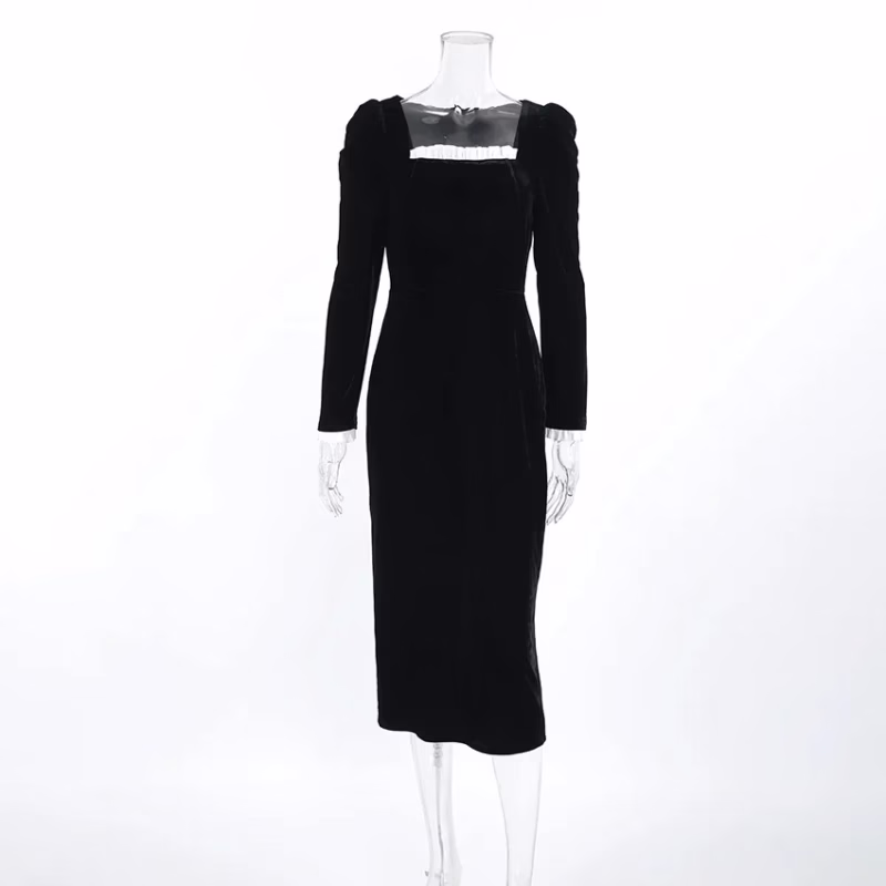 Autumn black sexy slim knitted Korean velvet long-sleeved split contrasting color dress European and American temperament commuting skirt - Image 3