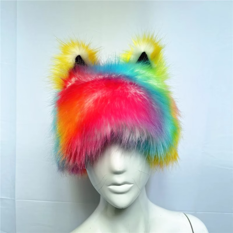 Cross-border imitation fur hat rainbow cat ear headdress holiday weird dress hat party performance colorful fox hair - Image 7