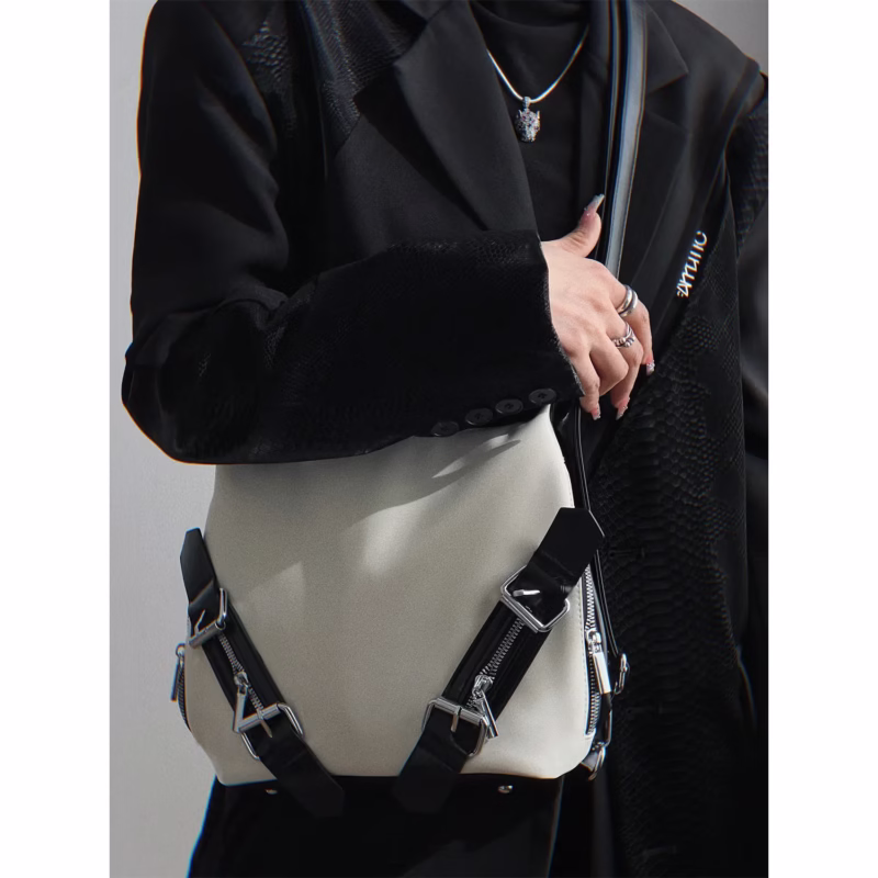Sweet and cool dark hot girl style backpack multi-purpose silver one-shoulder cross-body bag college backpack tote leather buckle - Image 4