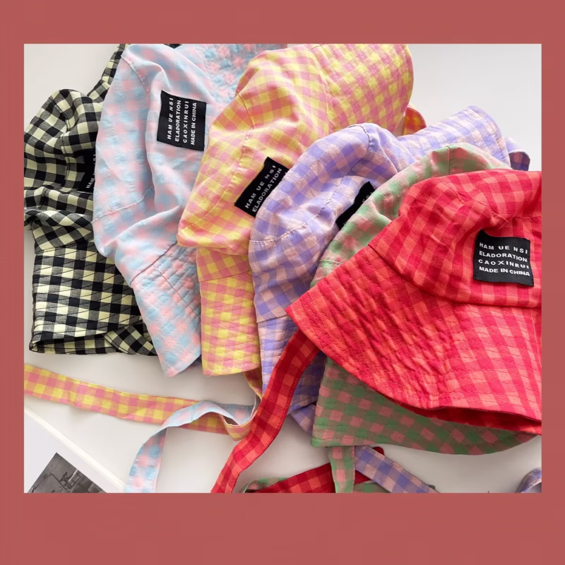 Thai ins bloggers same style niche retro plaid wide-brimmed lace-up fisherman's hat vacation sun protection sunshade hat