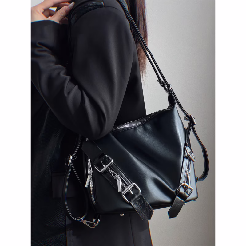 Sweet and cool dark hot girl style backpack multi-purpose silver one-shoulder cross-body bag college backpack tote leather buckle