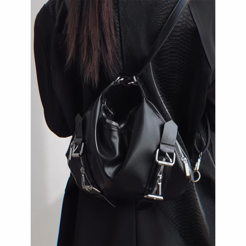 Sweet and cool dark hot girl style backpack multi-purpose silver one-shoulder cross-body bag college backpack tote leather buckle - Image 2