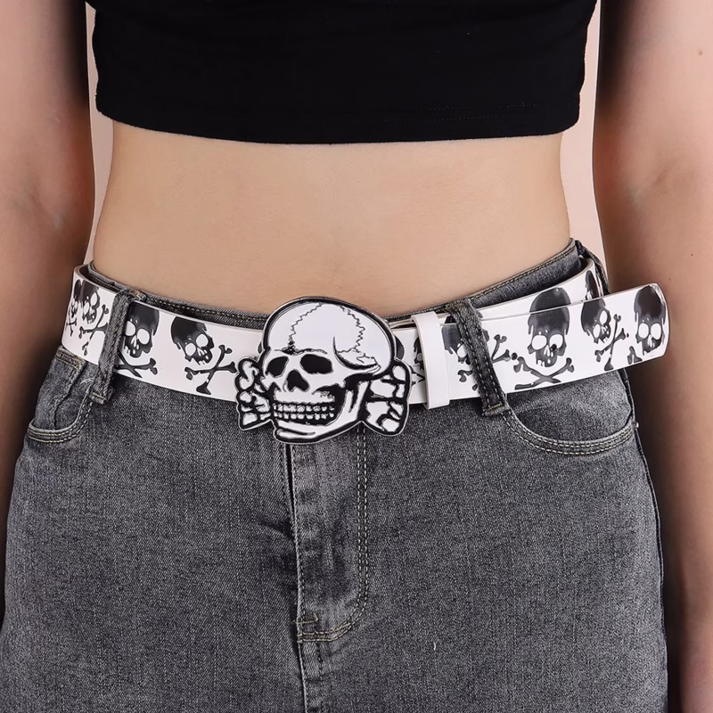 Manufacturer's European and American cross-border belt, fashionable skull, retro, versatile, printed national style sexy PU belt