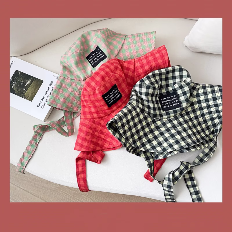 Thai ins bloggers same style niche retro plaid wide-brimmed lace-up fisherman's hat vacation sun protection sunshade hat - Image 6