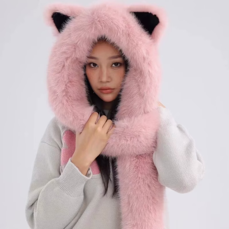 Cute fox ears plush hat scarf all-in-one women's winter ear protection warm hat versatile student bib cold protection - Image 5
