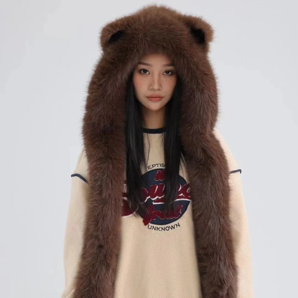 Cute fox ears plush hat scarf all-in-one women's winter ear protection warm hat versatile student bib cold protection - Image 3