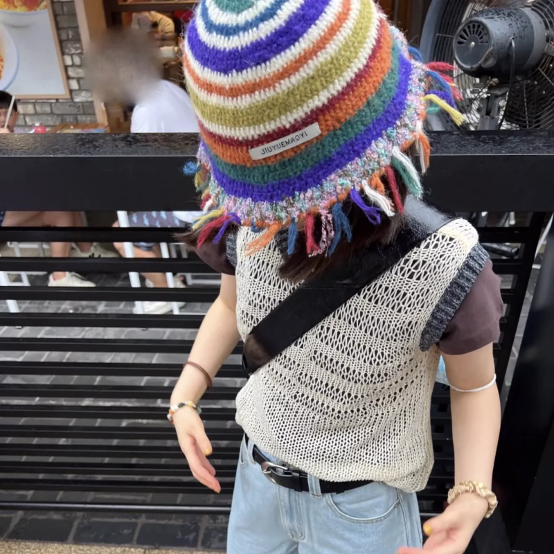 Niche design sense Japanese autumn and winter retro handmade crochet tassel colorful striped woolen hat fisherman hat bucket hat - Image 2
