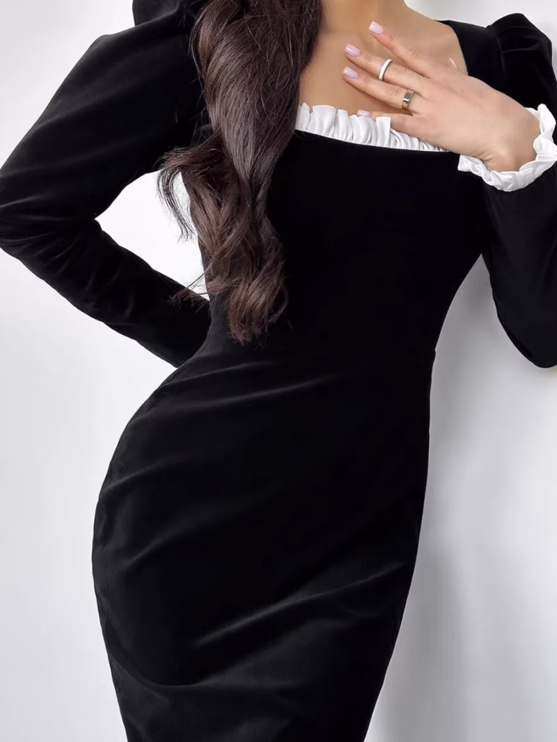 Autumn black sexy slim knitted Korean velvet long-sleeved split contrasting color dress European and American temperament commuting skirt - Image 7