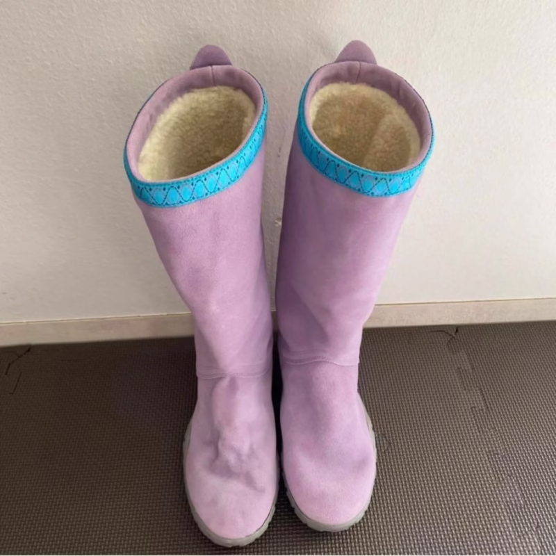 Cowhide version ~ Violet boots women's retro style round toe plush flat sleeve high boots knight boots - Image 6