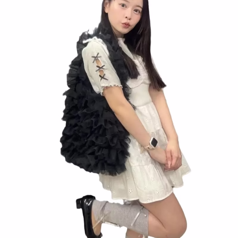 2025 summer unique personality tulle pleated Japanese niche design sense one-shoulder tote large-capacity women's bag - Image 8
