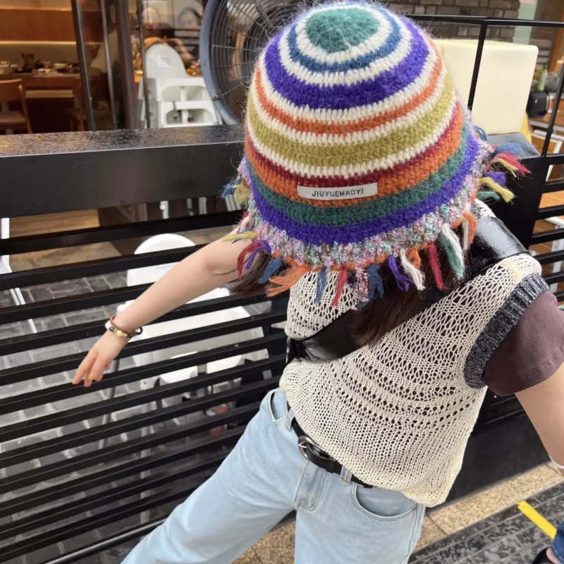 Niche design sense Japanese autumn and winter retro handmade crochet tassel colorful striped woolen hat fisherman hat bucket hat - Image 3