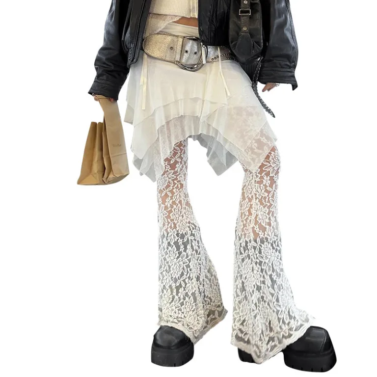 American Fashion Design Mesh Stitching Lace Micro-Transparent Skirt Pants Women's 2024 Summer Niche Design
