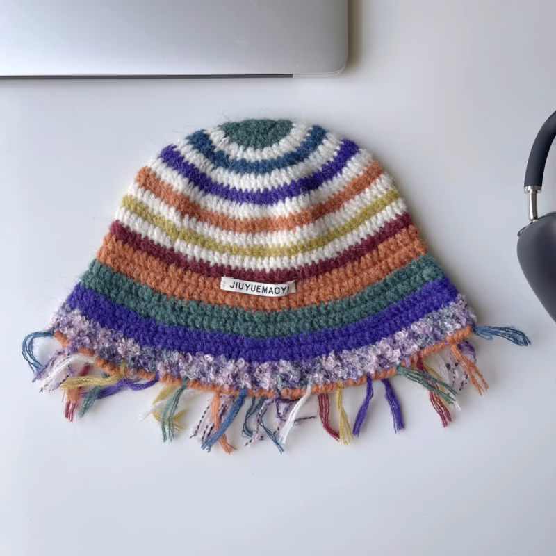 Niche design sense Japanese autumn and winter retro handmade crochet tassel colorful striped woolen hat fisherman hat bucket hat - Image 5