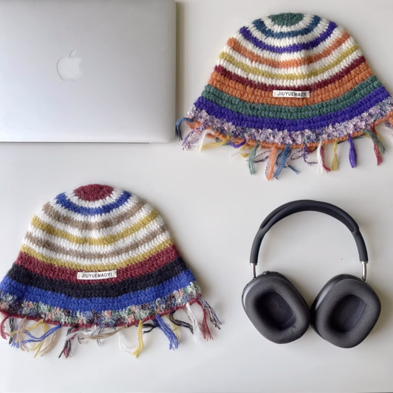 Niche design sense Japanese autumn and winter retro handmade crochet tassel colorful striped woolen hat fisherman hat bucket hat - Image 6