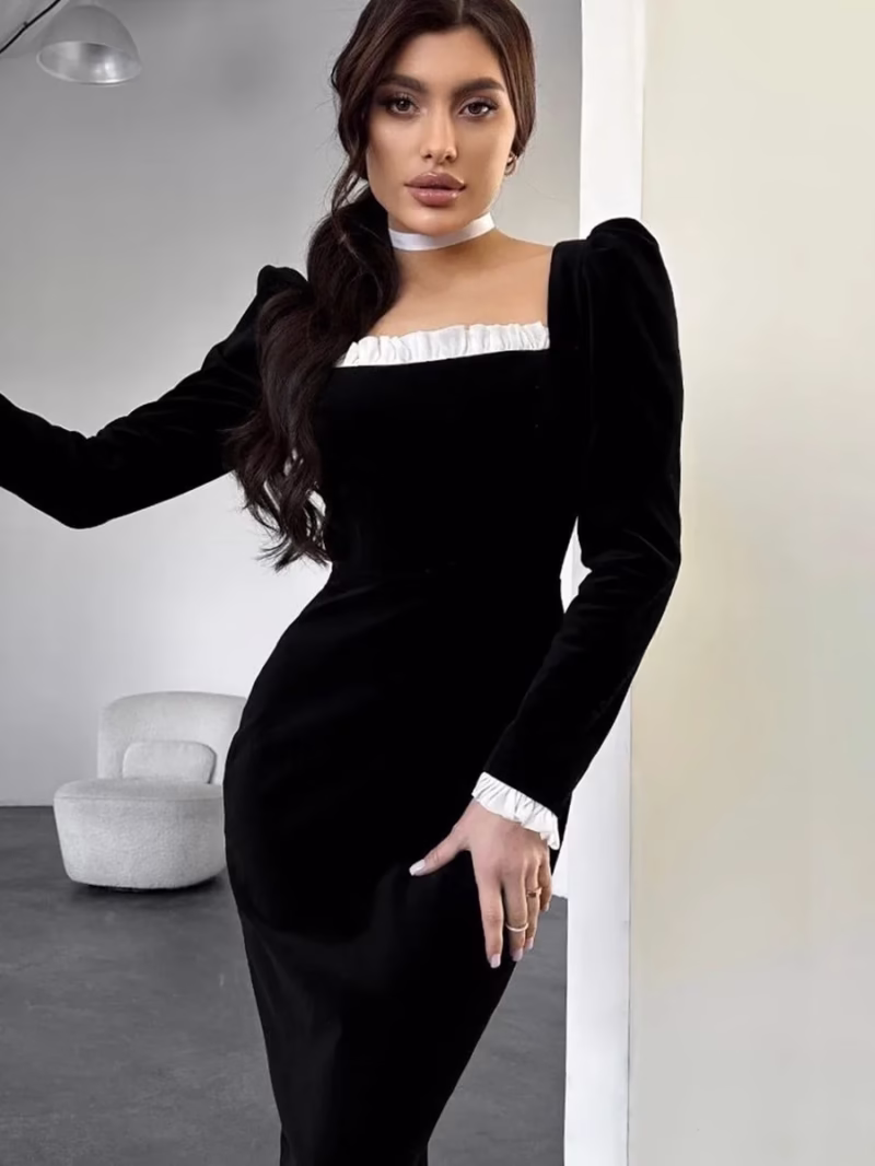 Autumn black sexy slim knitted Korean velvet long-sleeved split contrasting color dress European and American temperament commuting skirt - Image 5