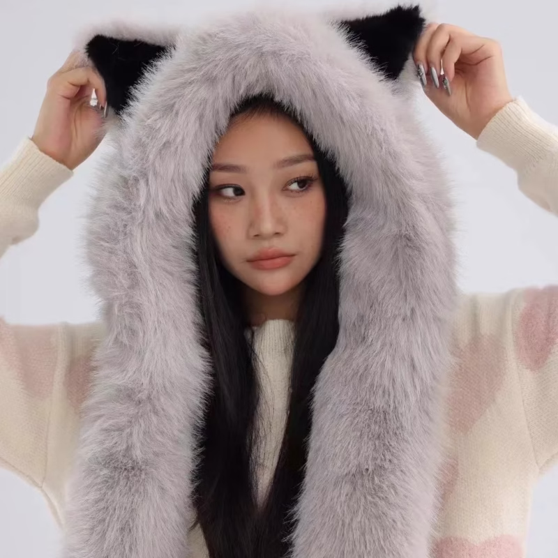 Cute fox ears plush hat scarf all-in-one women's winter ear protection warm hat versatile student bib cold protection - Image 7