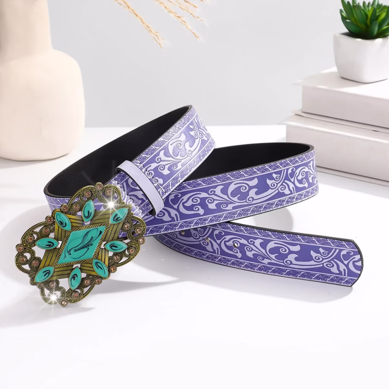 Purple retro belt, men's patterned hollow national style belt, pu leather fashion trousers jeans belt