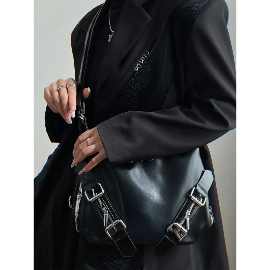 Sweet and cool dark hot girl style backpack multi-purpose silver one-shoulder cross-body bag college backpack tote leather buckle - Image 3