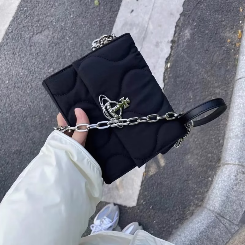 2024 new Saturn chain flap wandering bag black simple versatile small square bag nylon cloth one-shoulder cross-body bag - Image 6