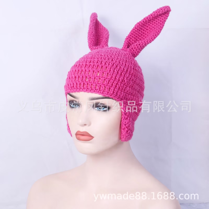 25 cross-border new pink rabbit ear knitted hat Louise Belcher's strange handmade woolen hat wholesale - Image 8