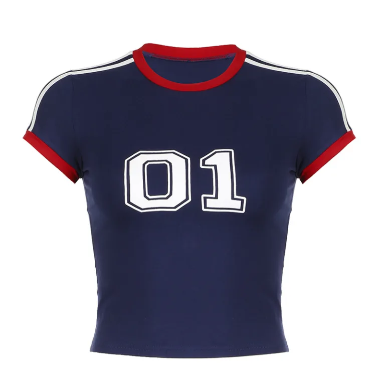 American street athleisure, sporty digital print, contrast stripe panels, round neck, basic short sleeve t-shirt top, women - Image 2