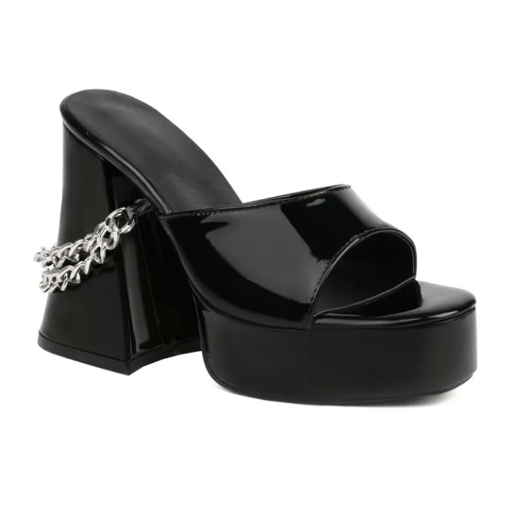 Foreign trade women's sandals summer new patent leather thick sole thick heel ultra-high heel chain outerwear punk-style women's sandals - Image 2