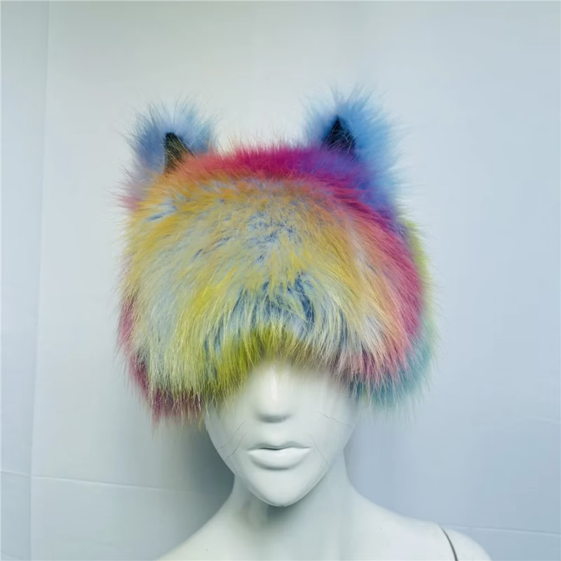 Cross-border imitation fur hat rainbow cat ear headdress holiday weird dress hat party performance colorful fox hair - Image 2