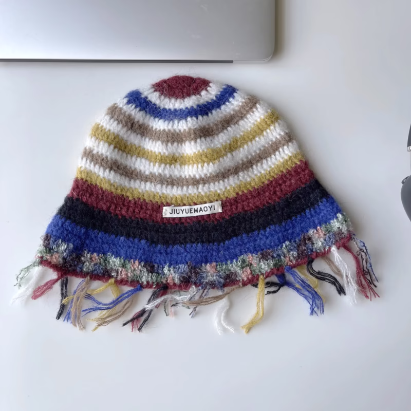 Niche design sense Japanese autumn and winter retro handmade crochet tassel colorful striped woolen hat fisherman hat bucket hat