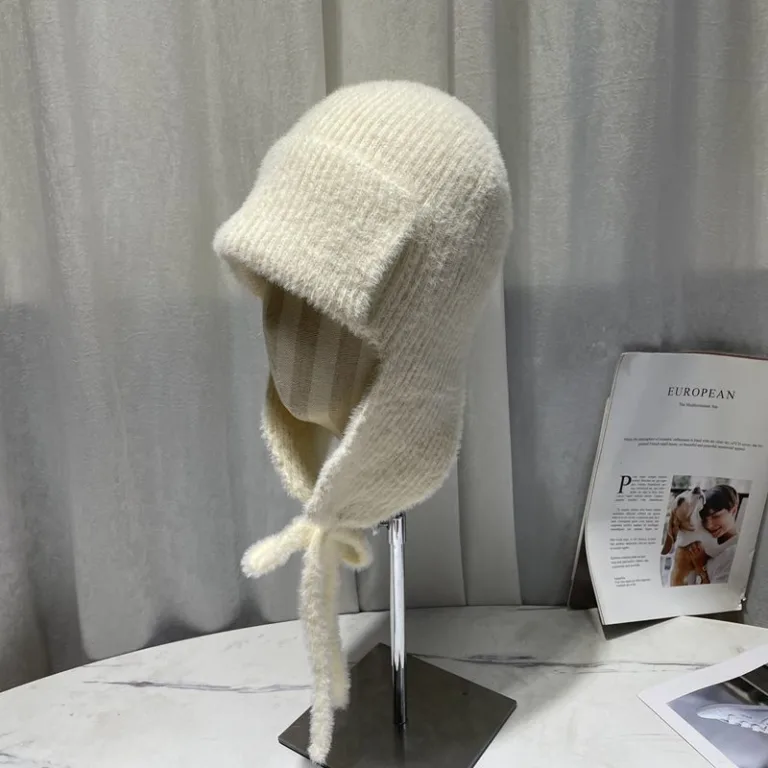Japanese mink velvet solid color lace-up Leifeng hat women's autumn and winter ski ear protection warm versatile knitted woolen hat fashion - Image 3
