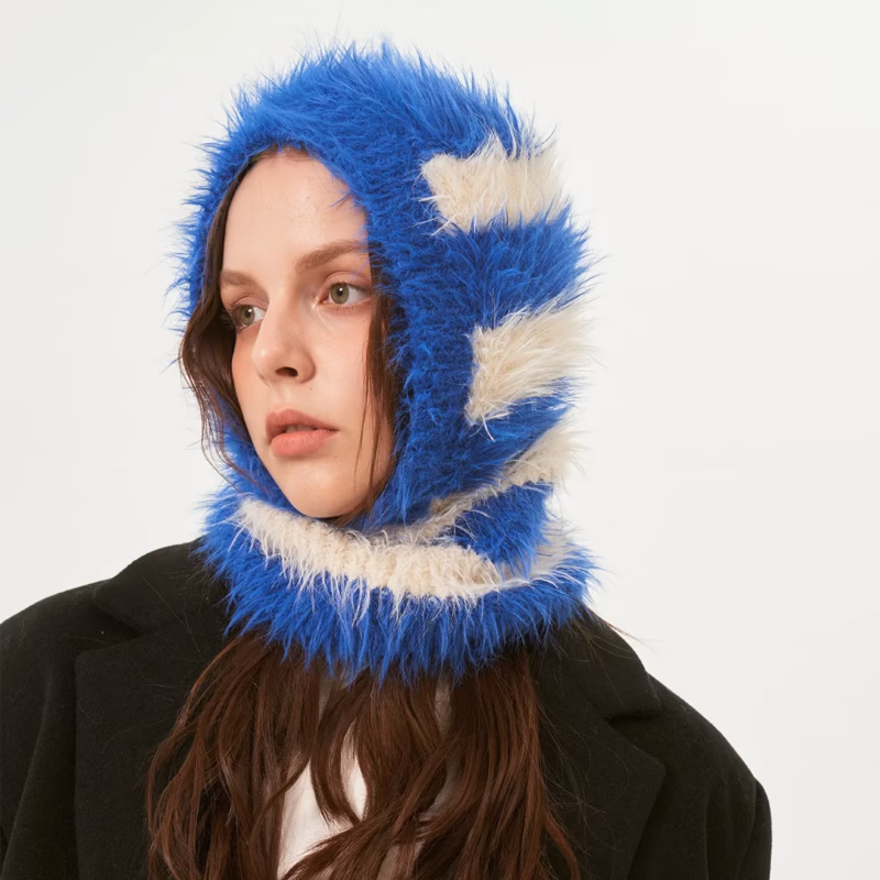 Original design niche striped imitation mink hair knitted balaclafa hat sweater woolen hat personality cold hat