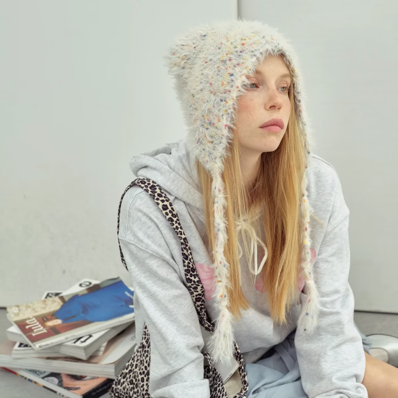 Original design dopamine color dot tie woolen hat women's winter warm sweater cute cold hat bear hat - Image 4