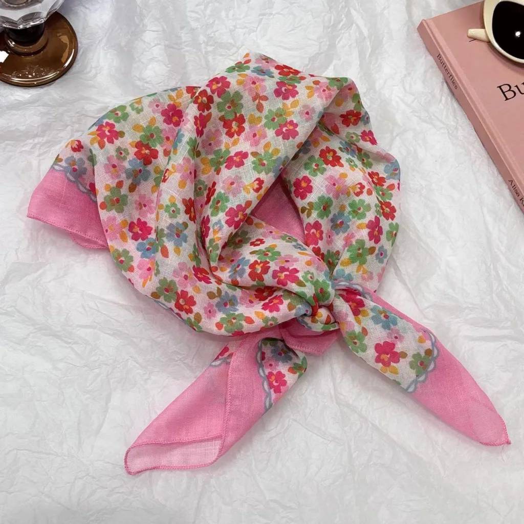 2024 new girl pink pastoral style broken flower hair tie turban high-end shawl hair tie hair band silk scarf female - Image 3