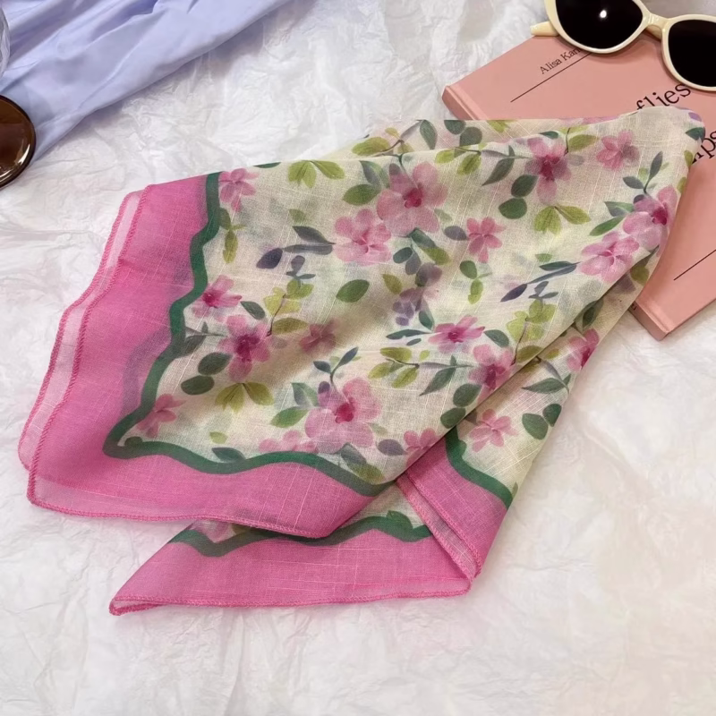 2024 new girl pink pastoral style broken flower hair tie turban high-end shawl hair tie hair band silk scarf female - Image 2