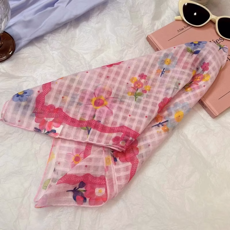 2024 new girl pink pastoral style broken flower hair tie turban high-end shawl hair tie hair band silk scarf female - Image 8