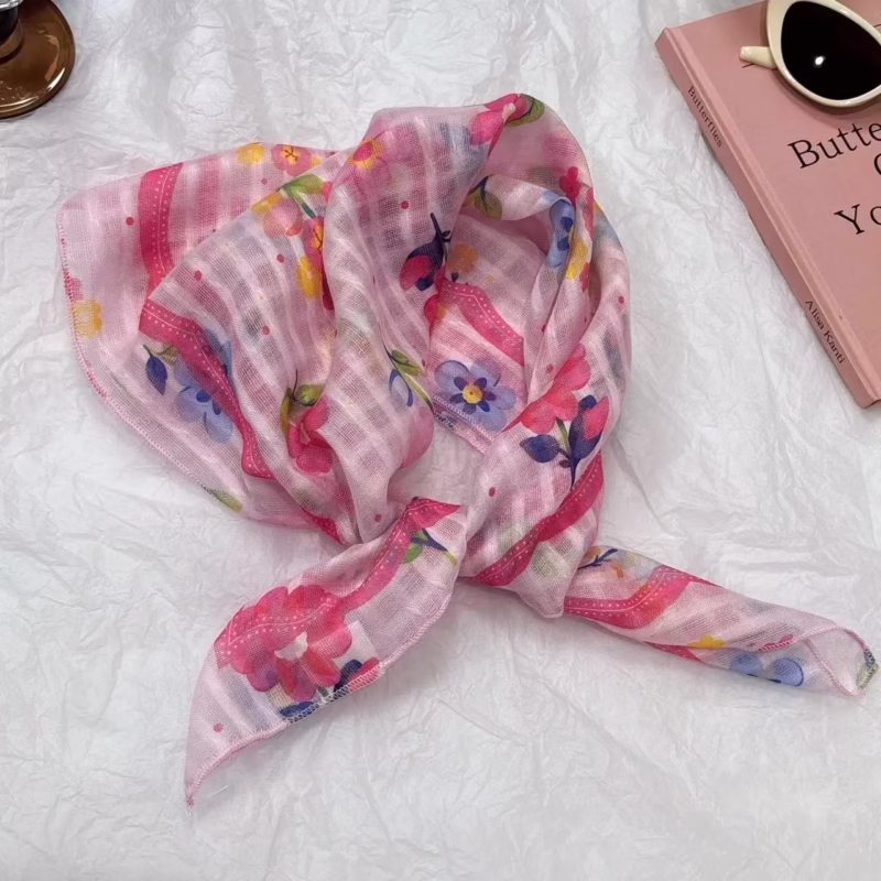 2024 new girl pink pastoral style broken flower hair tie turban high-end shawl hair tie hair band silk scarf female