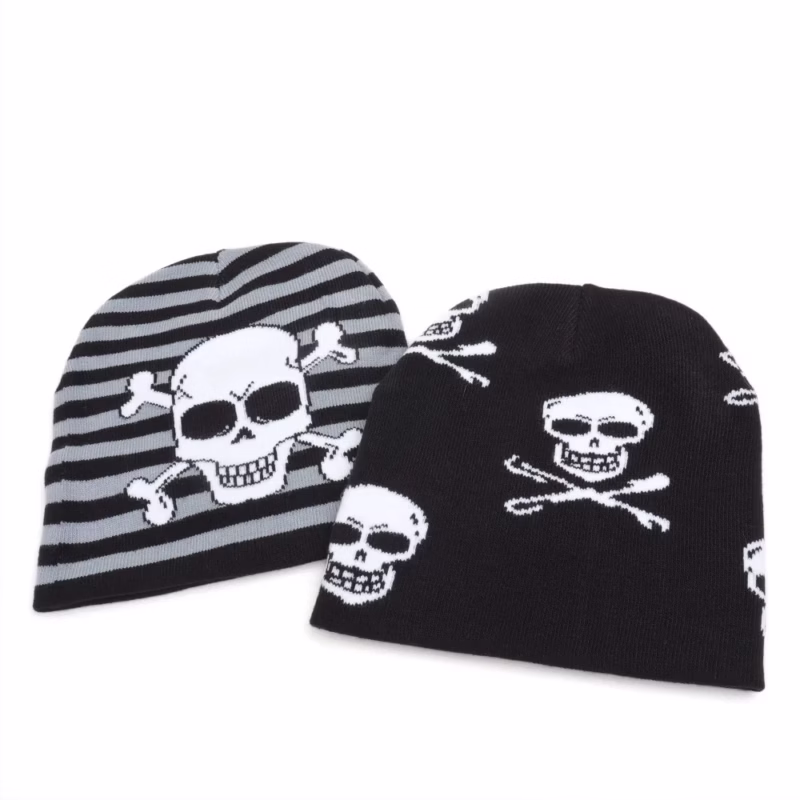 Autumn and winter cross-border striped skull knitted hat men's and women's Halloween hip-hop winter hat warm woolen hat no brim cold hat
