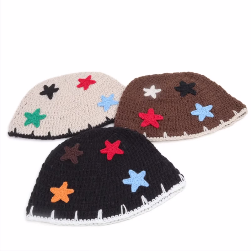 Korean version of sweet star knitted fisherman hat women's autumn and winter color matching warm handmade woolen hat face-showing small bucket basin hat