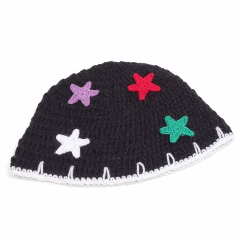 Korean version of sweet star knitted fisherman hat women's autumn and winter color matching warm handmade woolen hat face-showing small bucket basin hat - Image 6