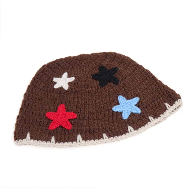 Korean version of sweet star knitted fisherman hat women's autumn and winter color matching warm handmade woolen hat face-showing small bucket basin hat - Image 2
