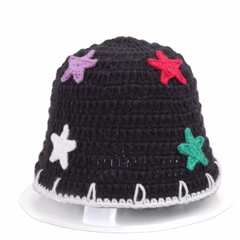 Korean version of sweet star knitted fisherman hat women's autumn and winter color matching warm handmade woolen hat face-showing small bucket basin hat - Image 7