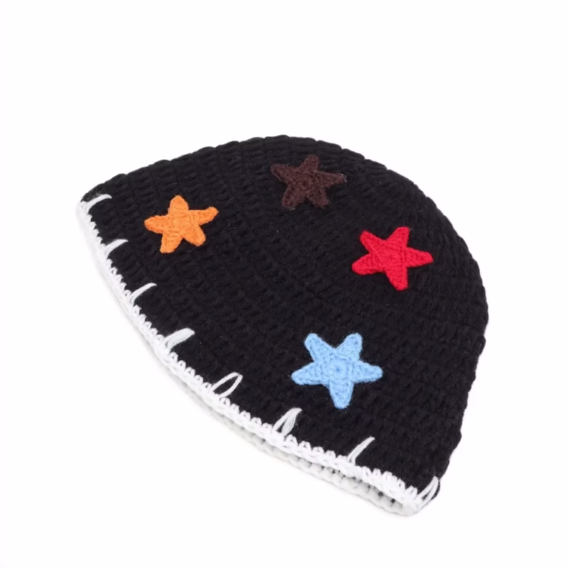 Korean version of sweet star knitted fisherman hat women's autumn and winter color matching warm handmade woolen hat face-showing small bucket basin hat - Image 9