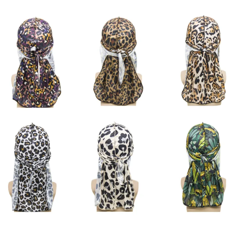 Cross-border hot-selling men's and women's imitation silk long-tail turban hat hip-hop cloak hat cross-border leopard print silky durag