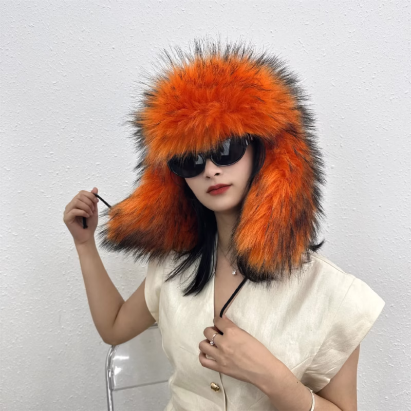 Foreign trade large brim new winter imitation rackoo hair Lei Feng hat thickened straw hat outdoor warm earmuff adult