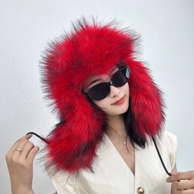 Foreign trade large brim new winter imitation rackoo hair Lei Feng hat thickened straw hat outdoor warm earmuff adult - Image 3