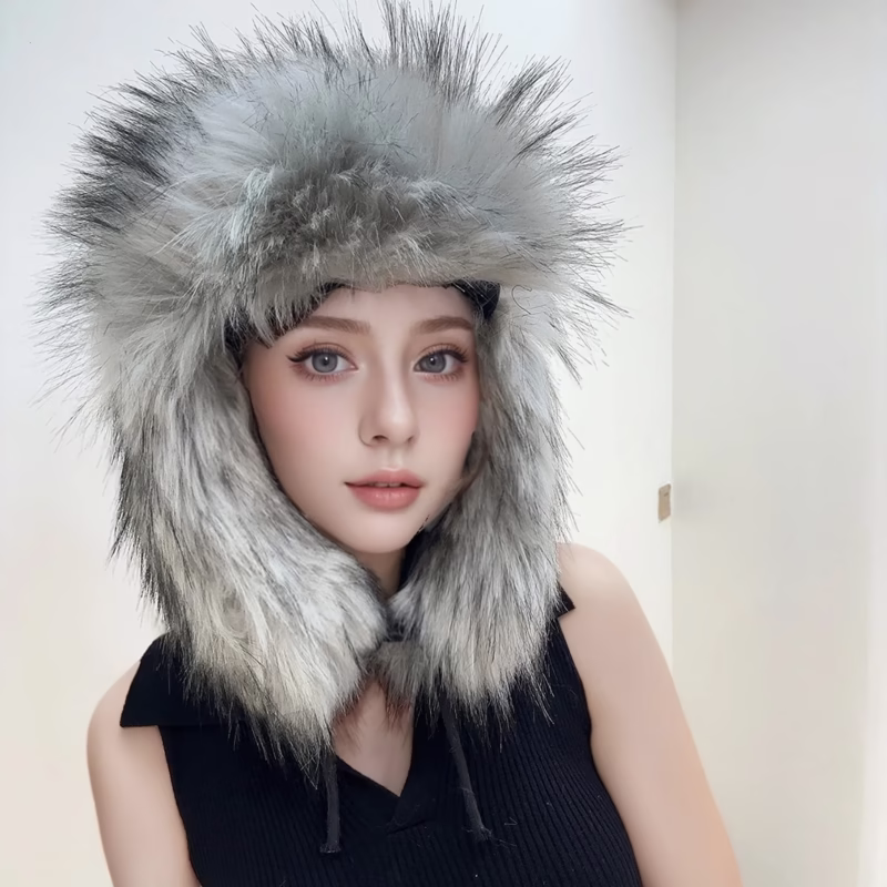 Foreign trade large brim new winter imitation rackoo hair Lei Feng hat thickened straw hat outdoor warm earmuff adult - Image 2