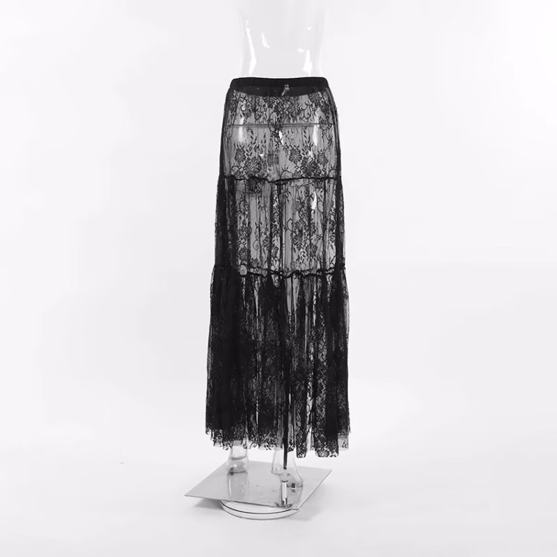 Black sexy transparent lace high-waisted commuting skirt 2025 European and American new fashion foreign trade cross-border long skirt women - Image 3