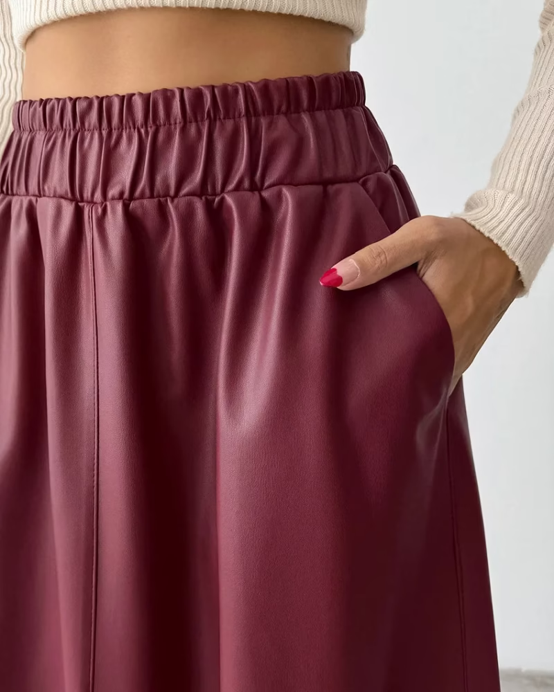 Burgundy plush artificial leather A high waist skirt 2024 European and American autumn and winter fashion new cross-border leather skirt - Image 11